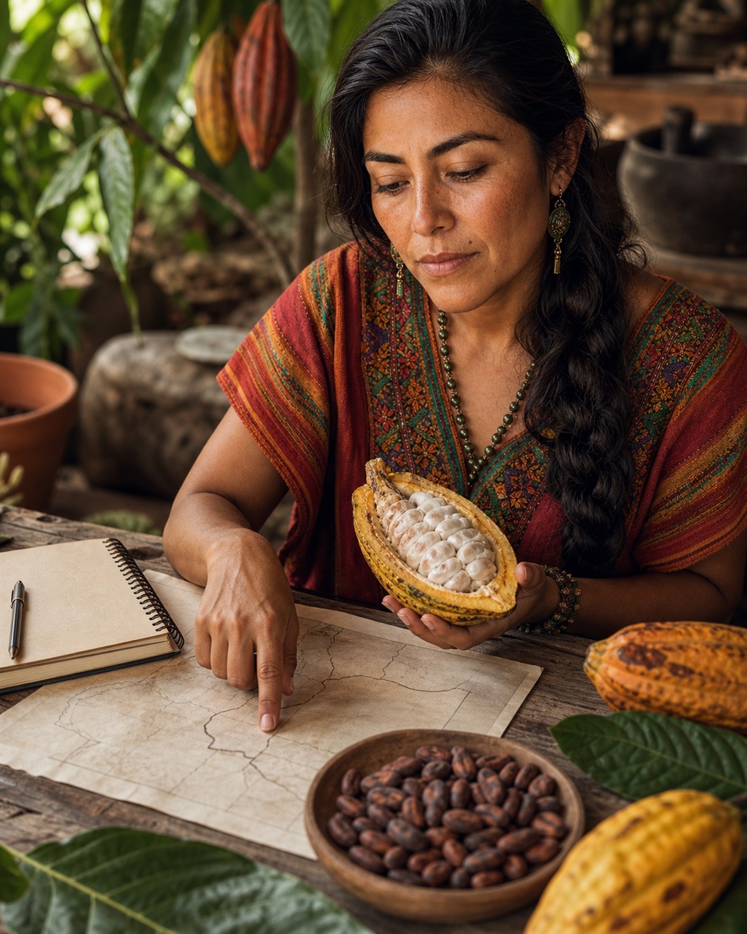 Over Maria's shoulder, a generic cacao package and illustrated cacao pod sit beside a phone and field notebook.